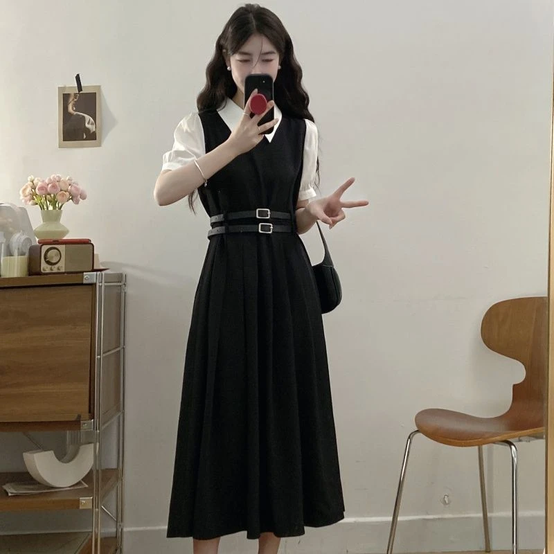 法式连衣裙女大码夏季新款遮肉显瘦学院风教资面试假两件小众裙子