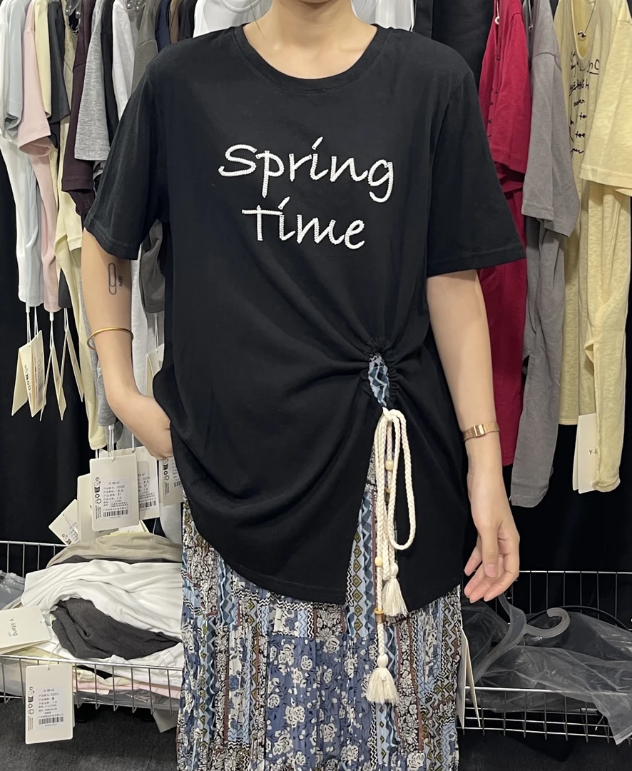 椰子#3550夏季福利雪花抽绳开叉短袖上衣，衣长：72cm