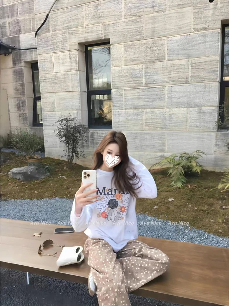 夏季网红小雏菊圆领长袖T恤女宽松薄款防晒罩衫上衣#5023