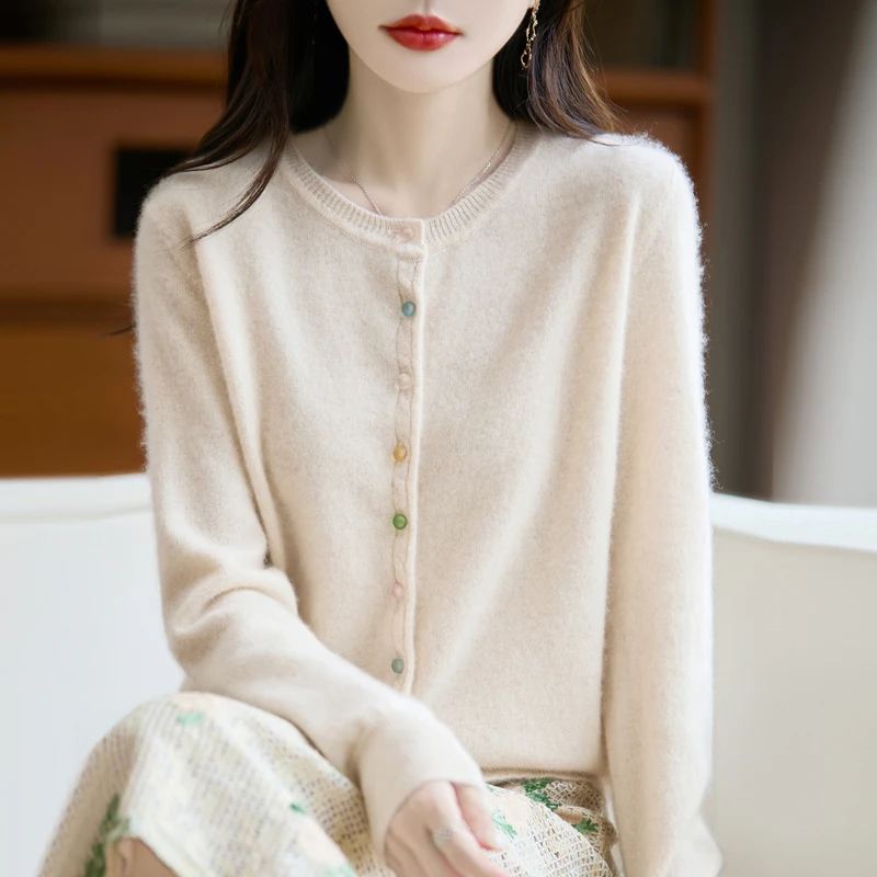 100%羊毛衫秋冬新款圆领纯羊毛针织开衫女宽松百搭水晶扣长袖外套