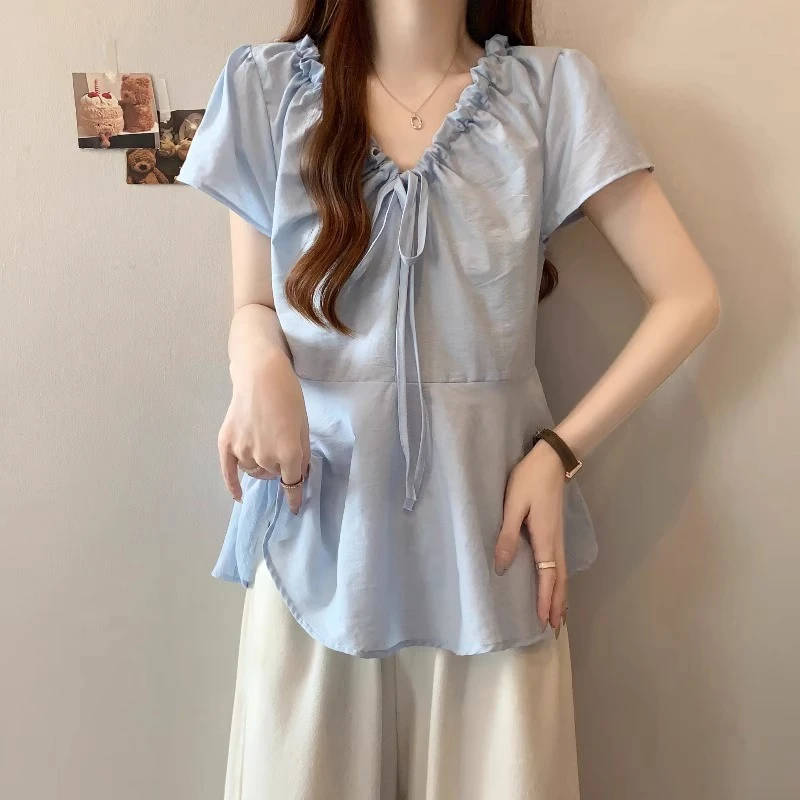 XWR设计感抽绳v领短袖衬衫女2025夏大码胖mm收腰显瘦法式娃娃衫