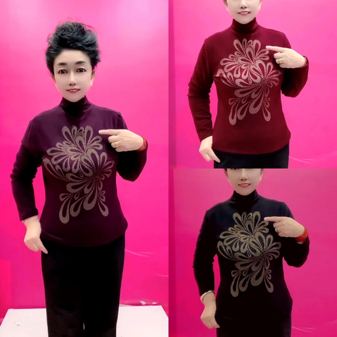 打底衫烫印压钻极简风印花常规长妈妈衫袖秋冬透气