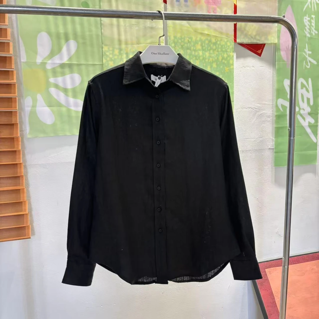 AMAZCOOL 亚麻翻领宽松显瘦长袖衬衫5941-黑色