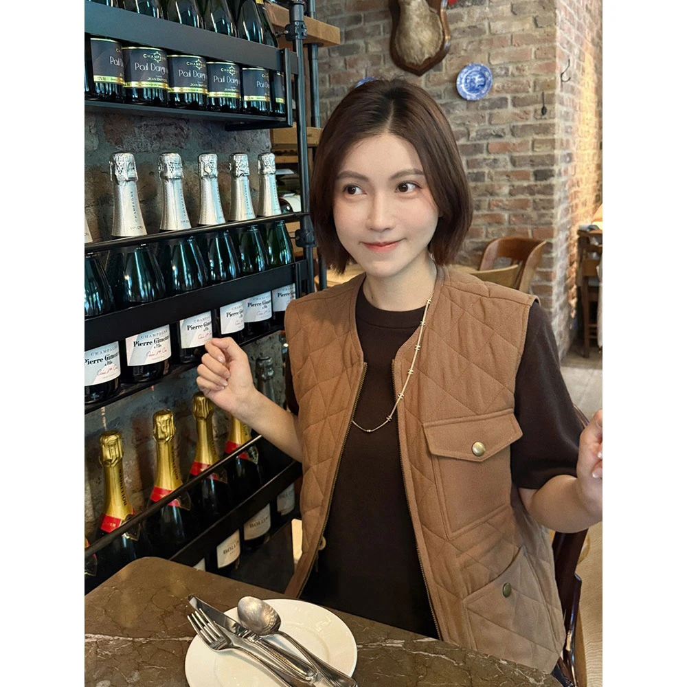 【MGDM】MOC工装菱格亚麻人棉轻薄绗缝叠穿拉链马甲背心外套女秋季