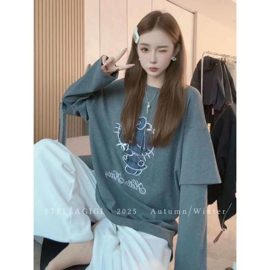 SG / 杨依姗 AW韩系卡通KT猫刺绣假两件圆领长袖T恤T-20252241