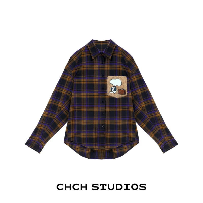 RACS73450法式复古卡通印花长袖衬衫宽松格纹休闲衬衣男女同款