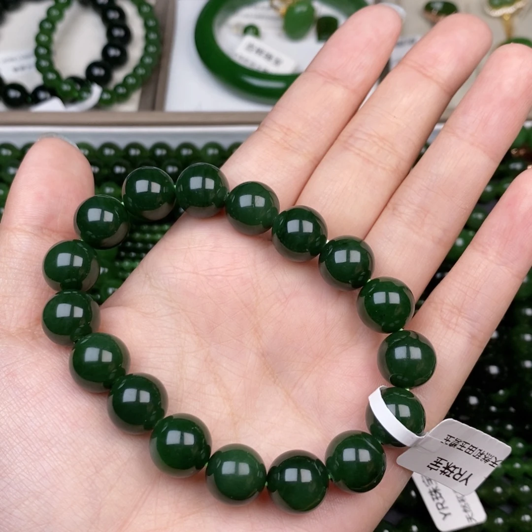 未镶嵌手串和田玉（碧玉）12m辣菠菜绿