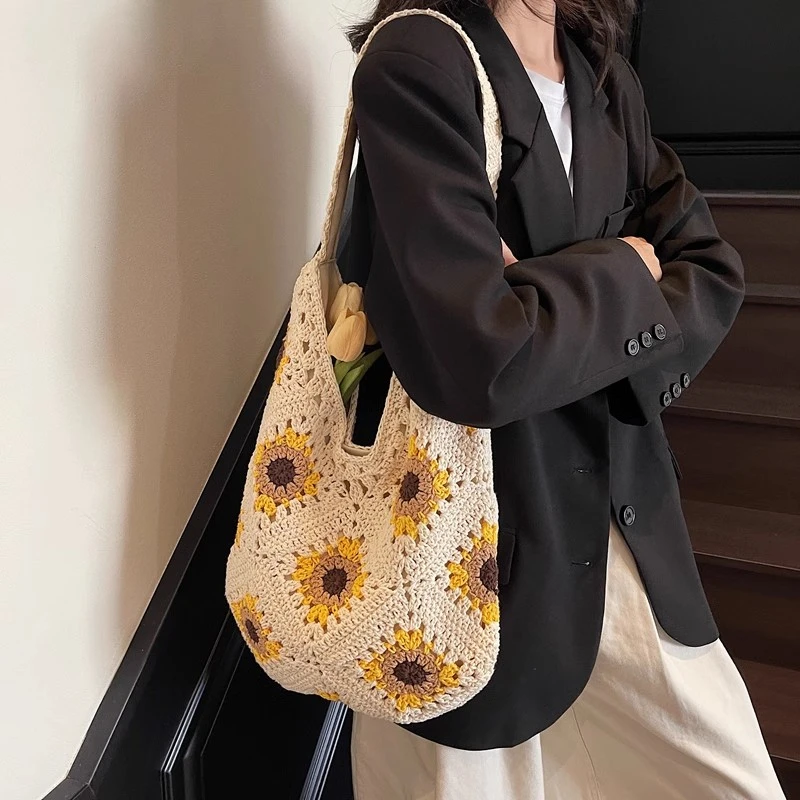 田园风向日葵花朵手工编织包女夏季2025新款休闲大容量单肩腋下包
