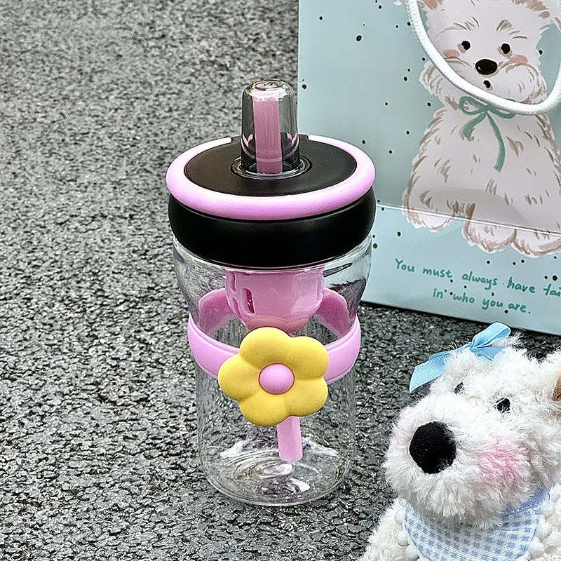 玻璃杯学生便携花朵塑料杯超萌简约吸管水杯子ins高颜值女生茶
