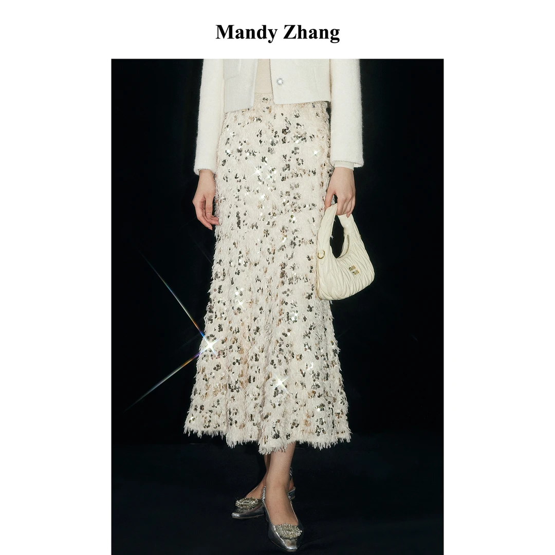 【初依专属】MandyZhang法式白色亮片半身裙女冬羽毛裙子