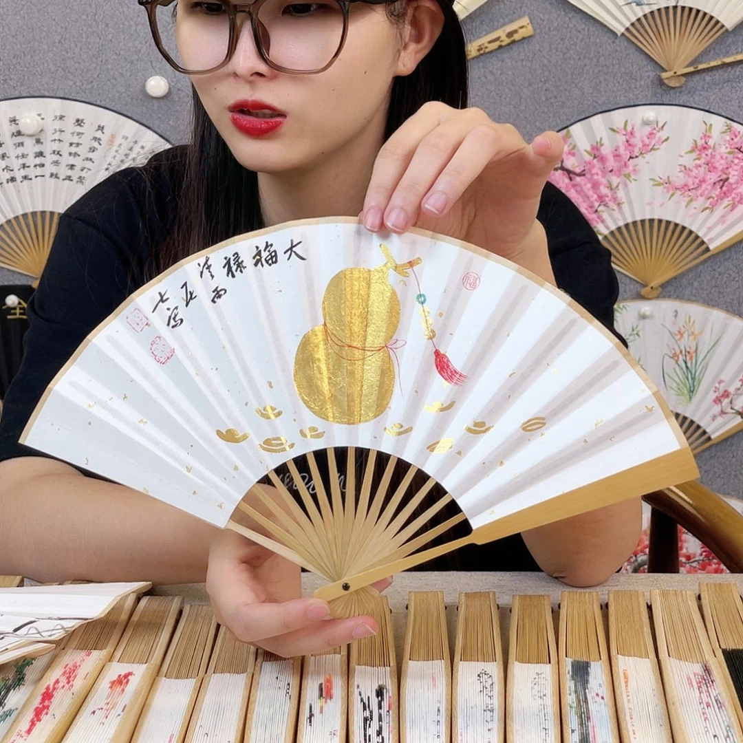 国画6寸玉竹-纯手绘-文玩扇骨（默认粘好）