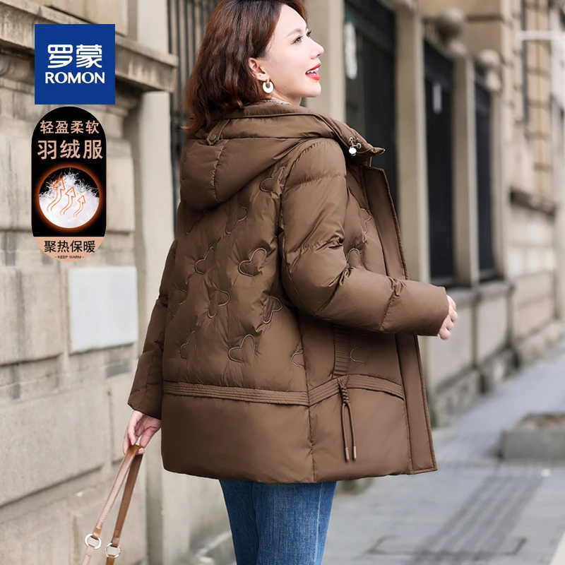 罗蒙气质中长款妈妈冬装连帽羽绒服女新款时尚柔软保暖中老年外套