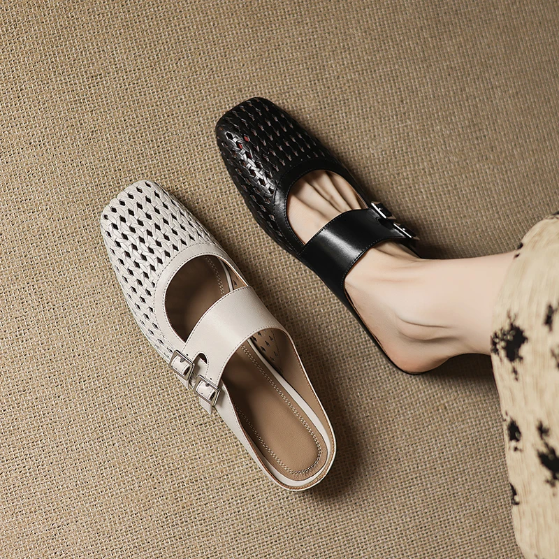 【NICESEE】4cm,夏季新款中跟洞洞鞋真皮百搭内增包头半拖鞋女凉拖