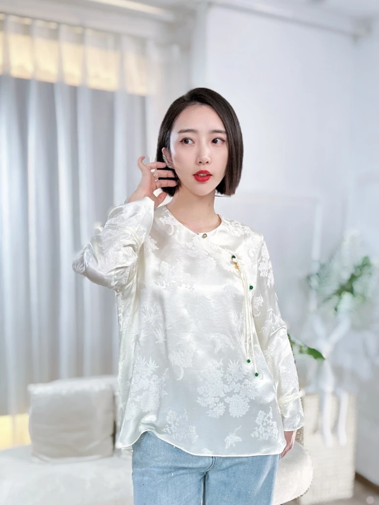 新中式桑蚕丝冠乐绉提花时尚中国风长袖纯色打底衫女装HF-666329