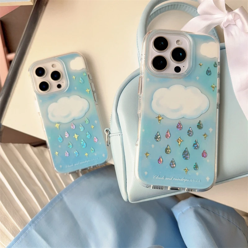 云朵彩钻小雨ins风适用iPhone15promax苹果16/14/13圆边手机壳