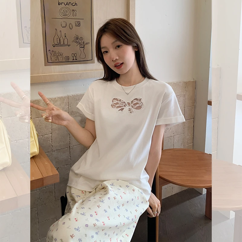 韩版小众镂空设计感蝴蝶结短袖T恤休闲上衣夏季2025新款圆领短袖