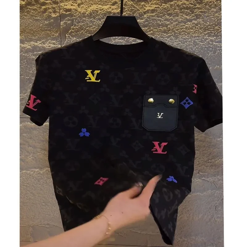 2025男士夏印花设计感字母拼接撞色小众宽松黑色高级T恤短袖春夏