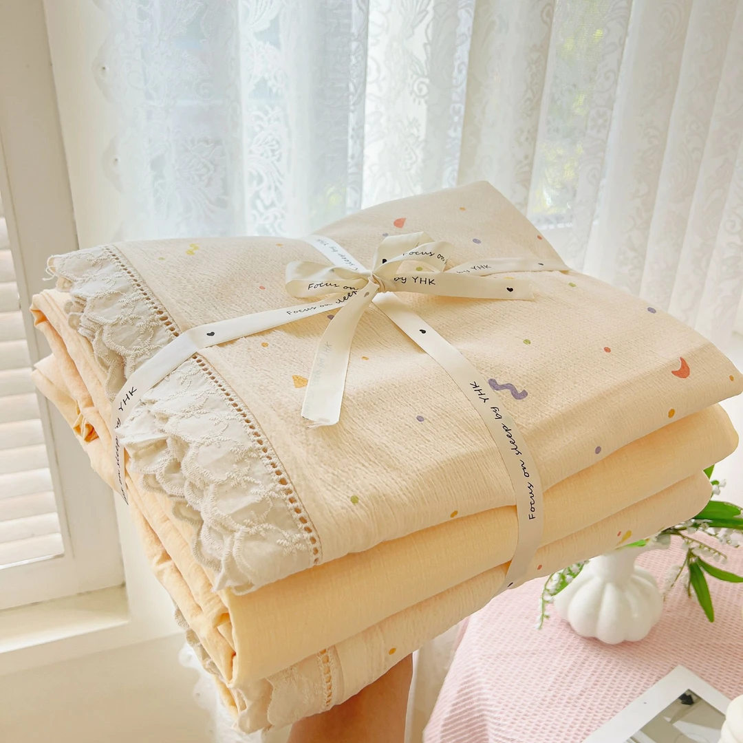 法式浪漫镂空花边皱皱纱双层纱四件套小清新夏季床品