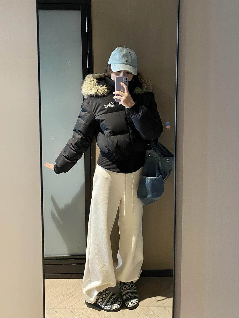 大毛领连帽拉链羽绒服女2024年冬季新款韩版宽松棉服白鸭绒外套女
