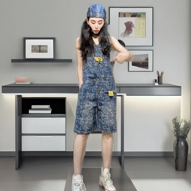 313潮有范复古夏季减龄穿搭薄牛仔背带裤宽松裤子直筒牛仔裤