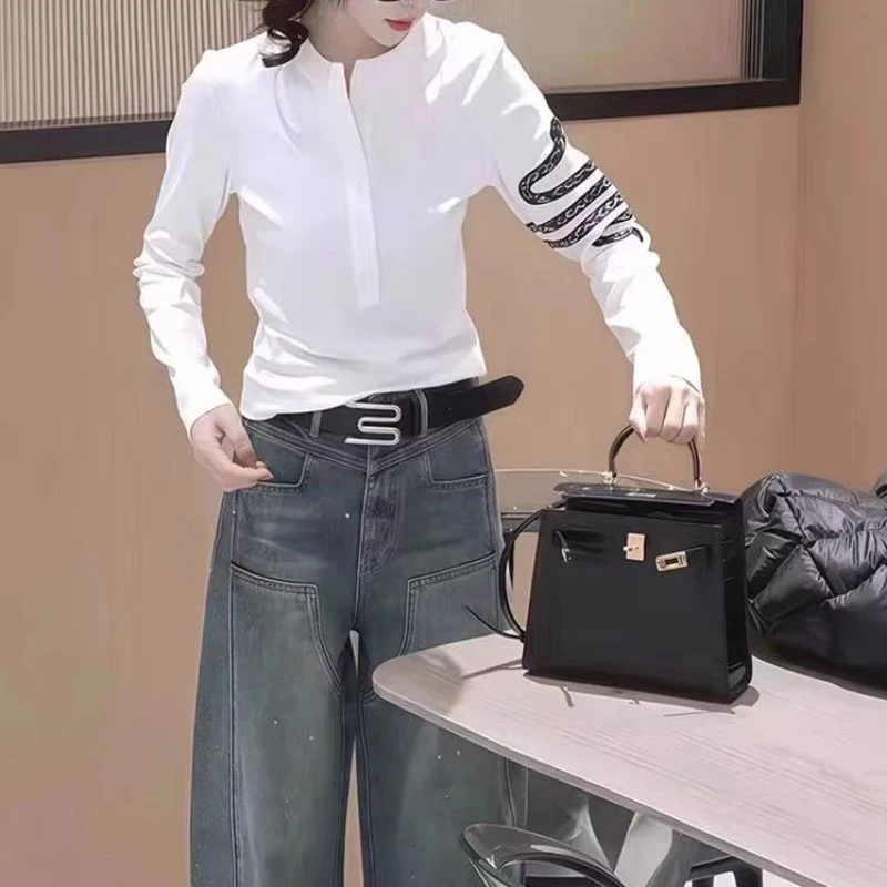 大码早韩系高级感洋气打底上衣白色小蛇修身收腰显瘦长袖T恤女款