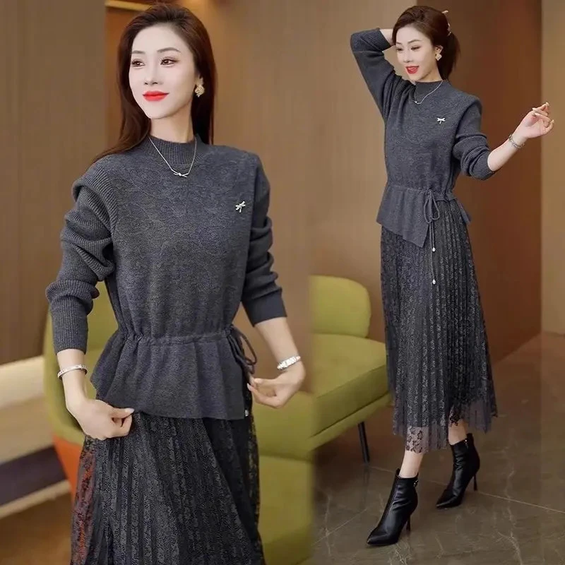 时尚针织连衣裙女2025年春秋冬季新款中长款假两件拼接毛衣打底裙