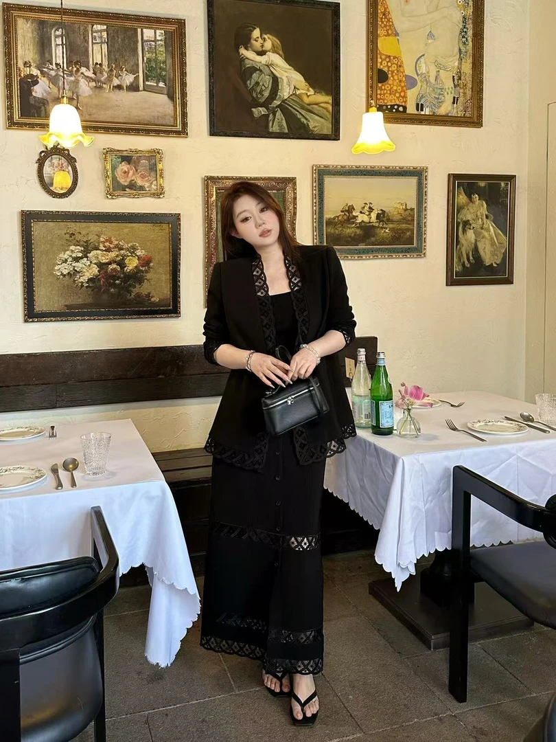 琪琪怪怪大码女装【都市大女主】时髦蕾丝西装外套+半身裙J16291QQ