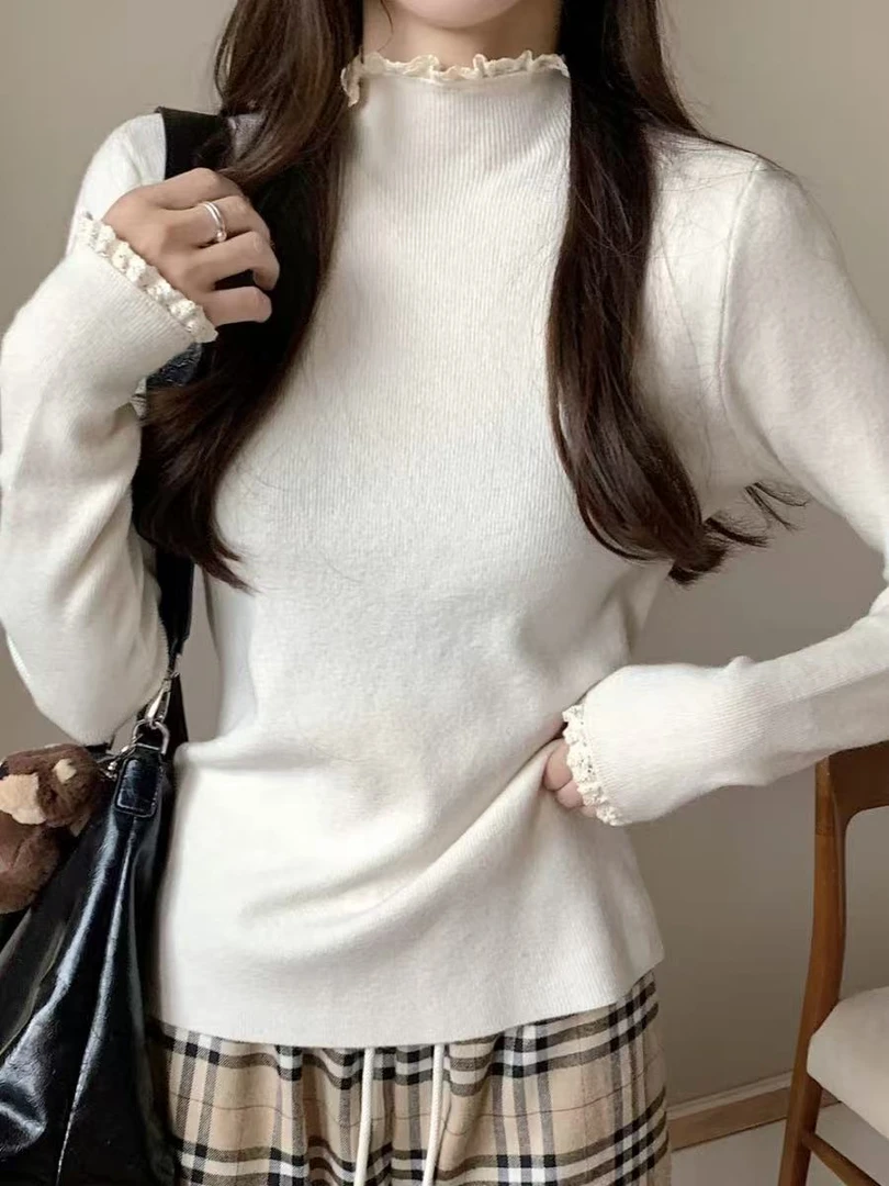 3763 GZG1蕾丝木耳边心机半高领长袖打底衫女