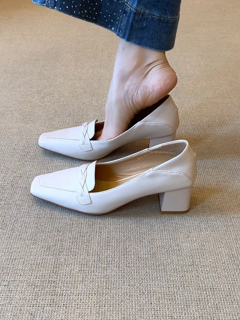 Elingjk/5.5cm简约优雅方头编织带浅口百搭通勤舒适粗跟单鞋