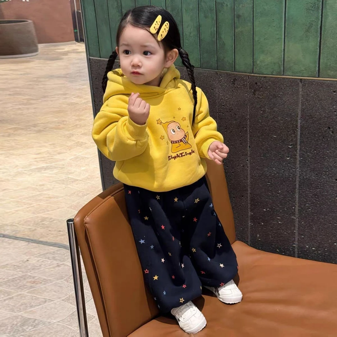 冬季宝宝新款韩版女童男童加绒套装印花连帽套装加厚女童卫衣