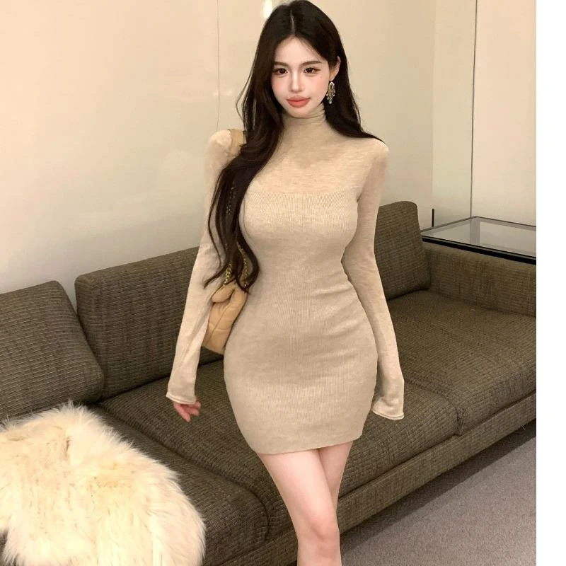 纯欲气质高领内搭针织连衣裙女秋冬季高级感收腰显瘦打底包臀短裙