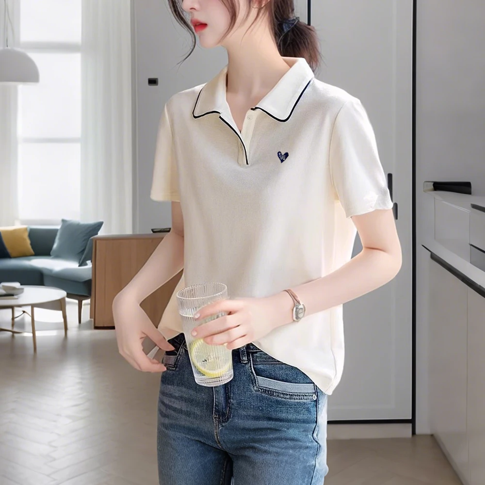 2025夏季新款polo领T恤衫女装胖妹妹mm短袖简约显瘦宽松遮肚上衣