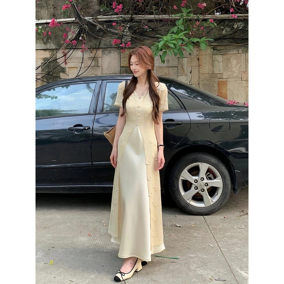 2025大码女装美貌滤镜优雅气质吊带连衣裙女钩花镂空鲁穿罩衫