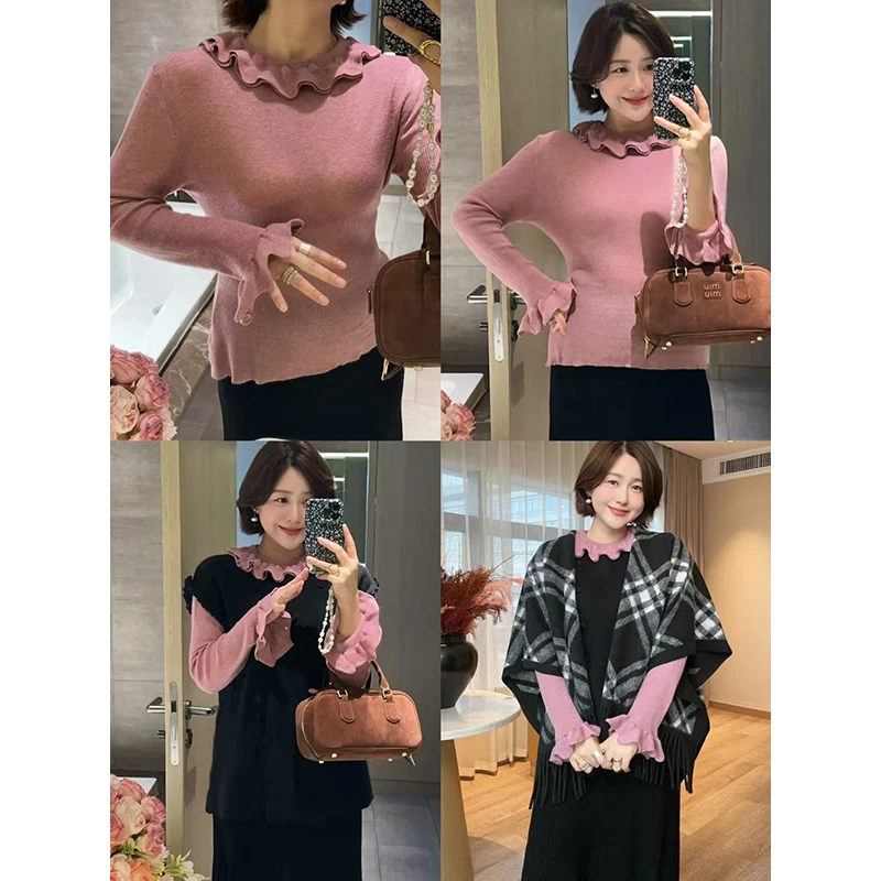 【DIS 定制】【私藏pinkish】花边喇叭长袖针织羊毛打底衫Z525Z16864