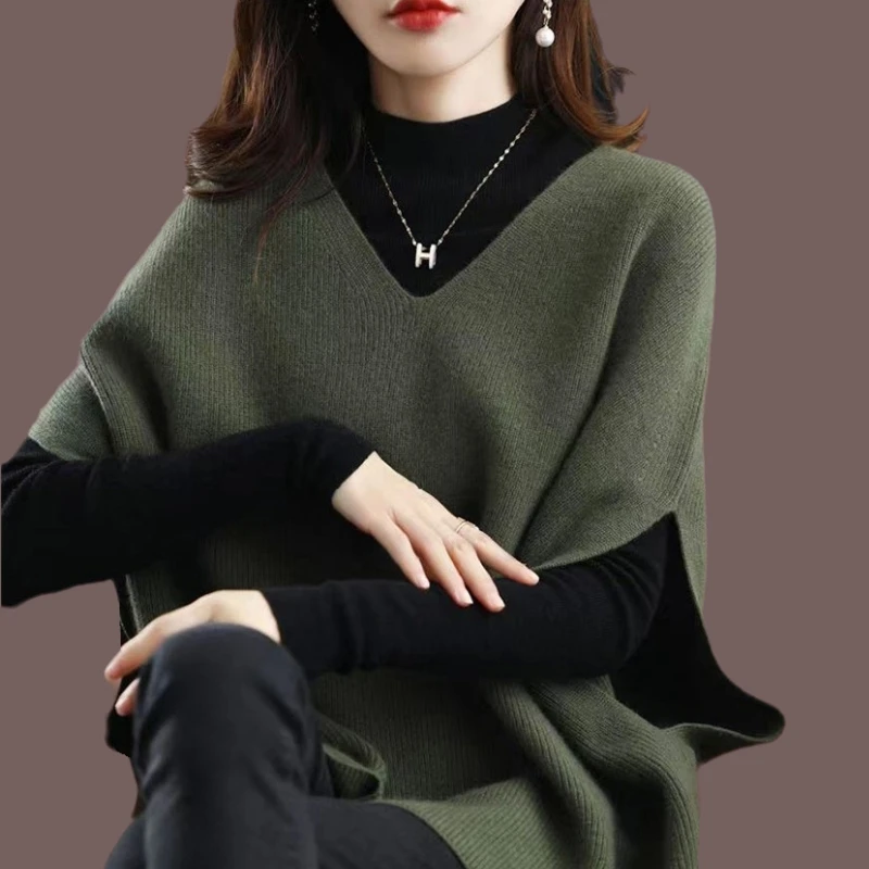 时尚马甲女2025新款春秋V领针织坎肩大码宽松外穿蝙蝠袖毛衣背心