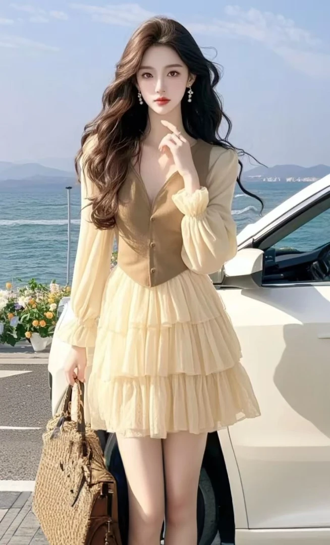 SS639春法式高级感大方得体气质绝美小香风卡其色上衣半裙两件套