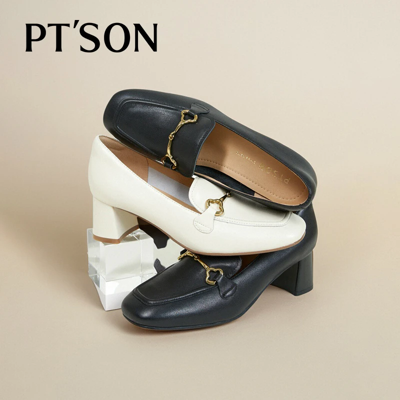 百田森法式英伦风小皮鞋2025年新款乐福鞋高跟粗跟真皮深口单鞋