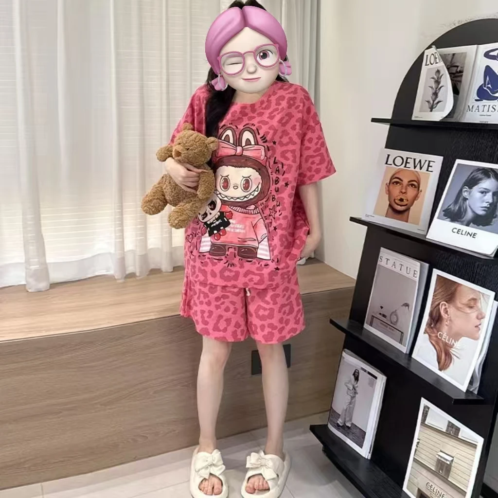 带胸垫云朵棉豹纹拉布布夏季睡衣女士短袖短裤可外穿家居服3061