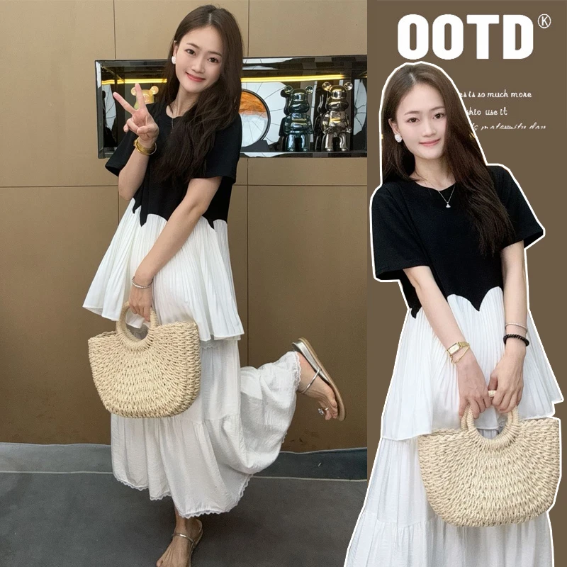 【梵兮家】孕妇装夏季洋气时尚减龄宽松上衣+花边蛋糕半身裙两件套