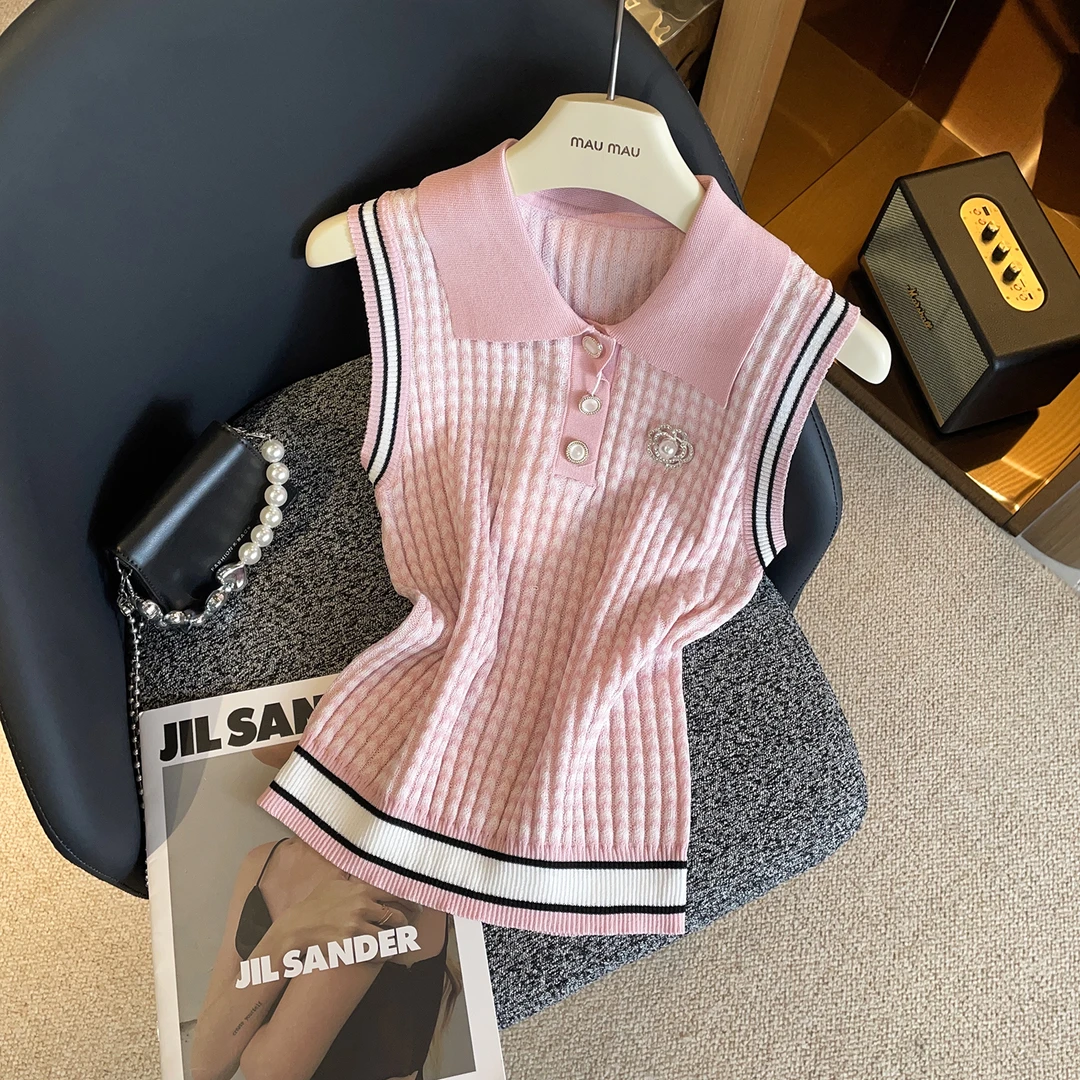 MIUMEN2025秋季新款山茶花钉珠Polo领条纹针织背心上衣DY8048