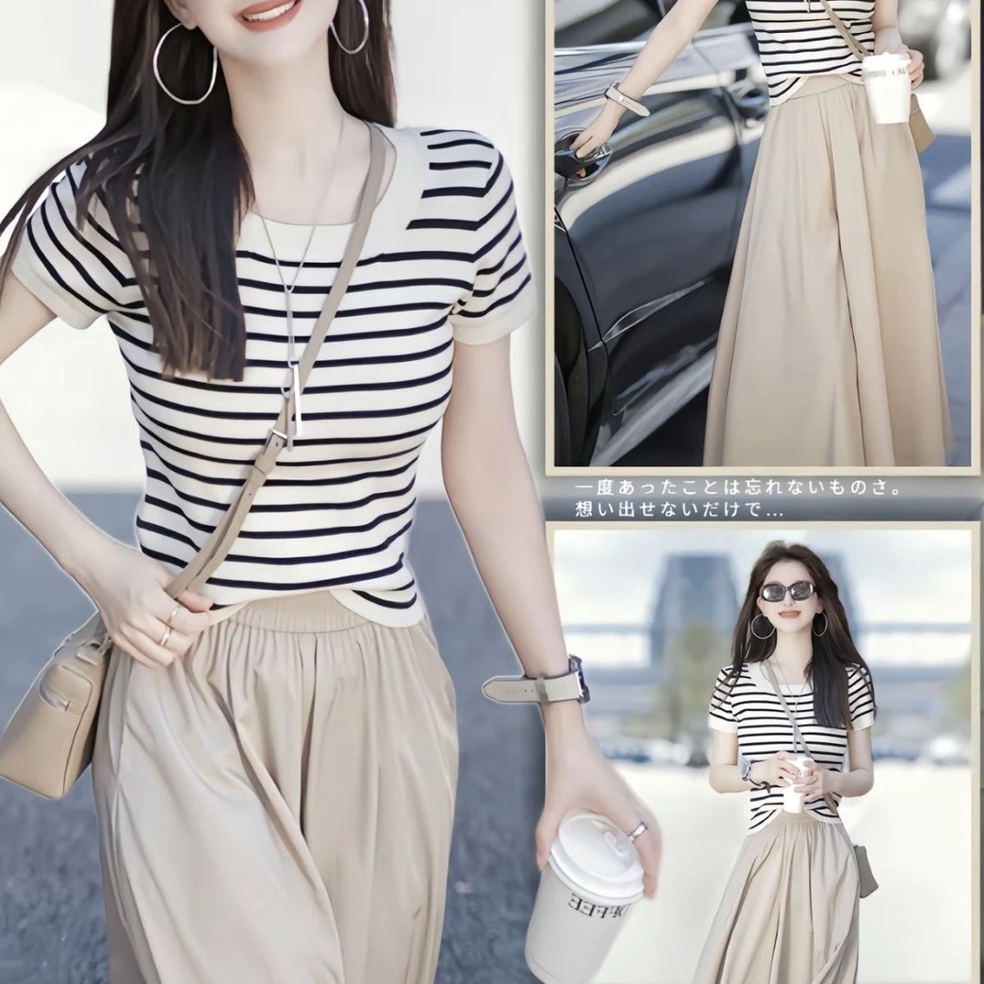 显高时尚高级感小洋装盐系轻熟条纹上衣阔腿裤两件套装2024夏睡衣