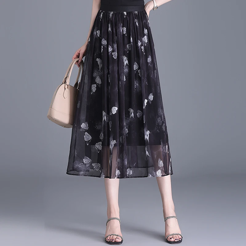 碎花半身裙女夏季2025新款高腰显瘦垂感百褶裙中长款网纱裙a字裙