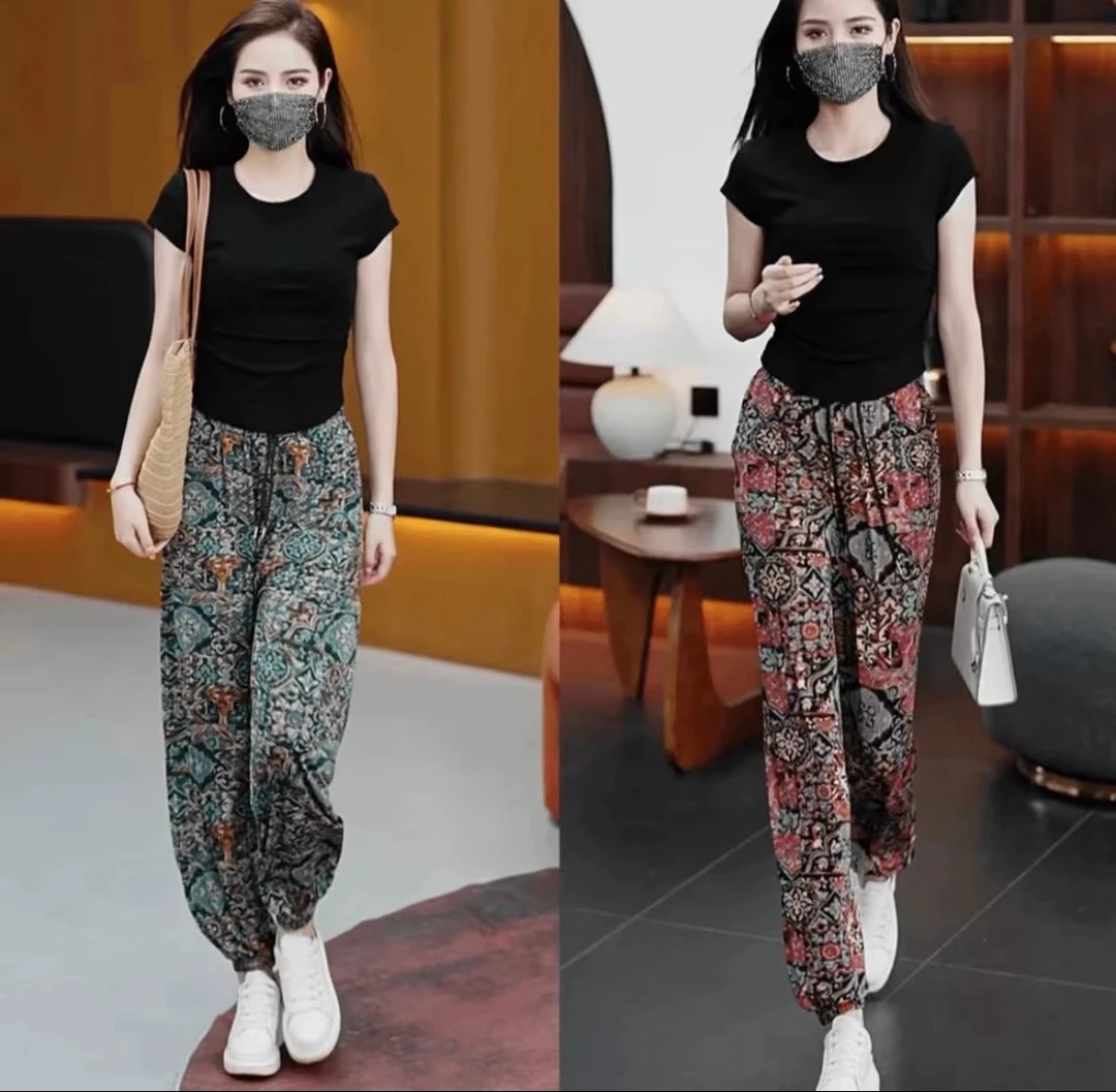 夏季冰雪丝面料显瘦时尚薄款印花民族风休闲宽松抖抖裤