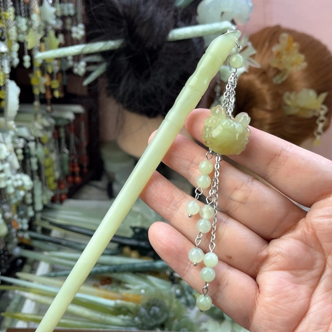 蛇纹石玉发饰未镶嵌长度18.5厘米左右