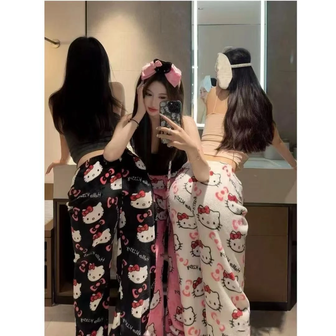甜美kt 猫法兰绒睡裤女款秋冬季毛绒绒家居服长裤子