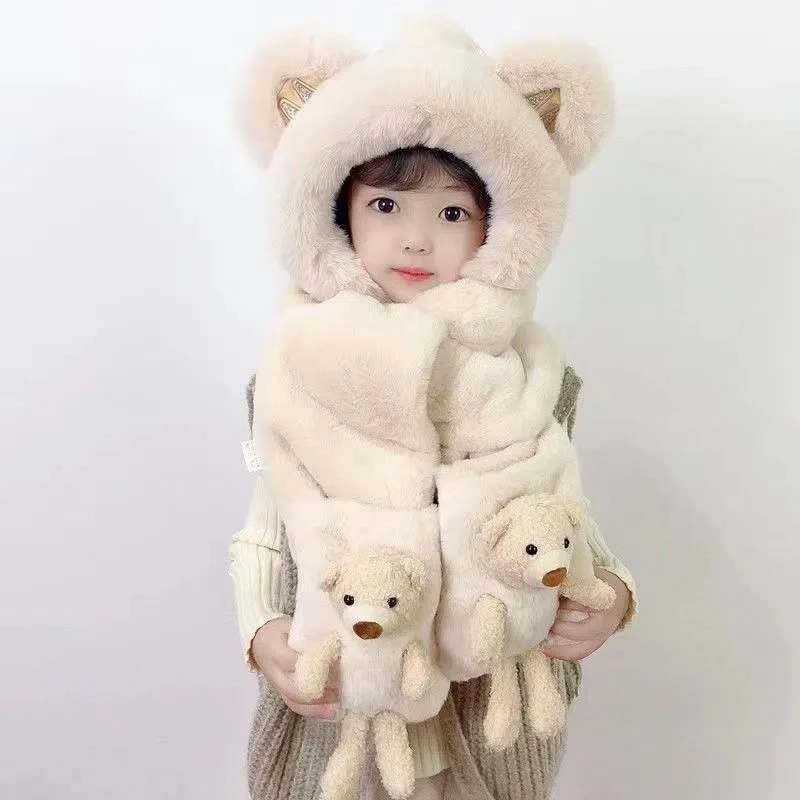 秋冬儿童帽子围巾一体毛绒帽男女孩冬季加厚三件套帽子防风保暖帽