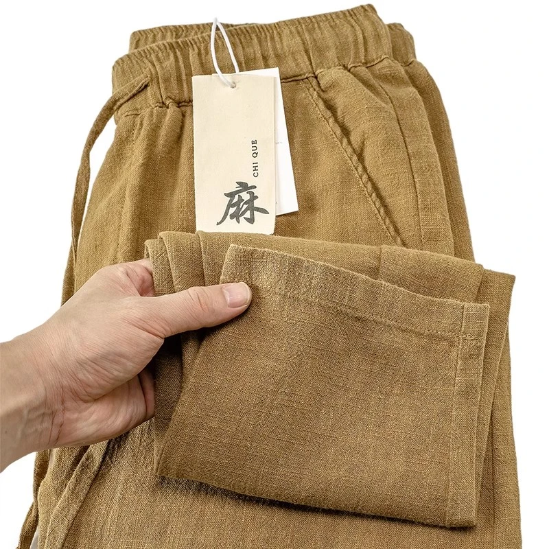 仓石一树棉麻九分裤男士夏季宽松直筒松紧腰运动长裤轻奢痞帅男装