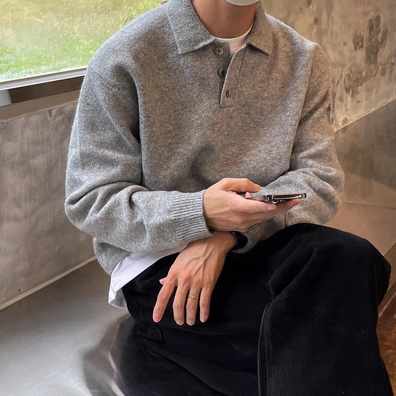 仓石一树毛衣男秋冬季韩版潮流休闲长袖翻领针织衫高级感宽松上衣