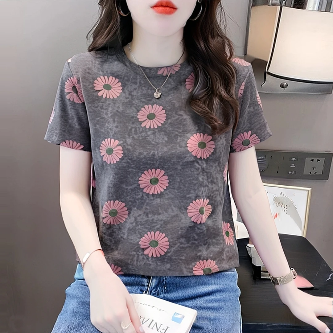 2025新款夏季女正肩短袖t恤女宽松百搭减龄洋气印花上衣ins潮