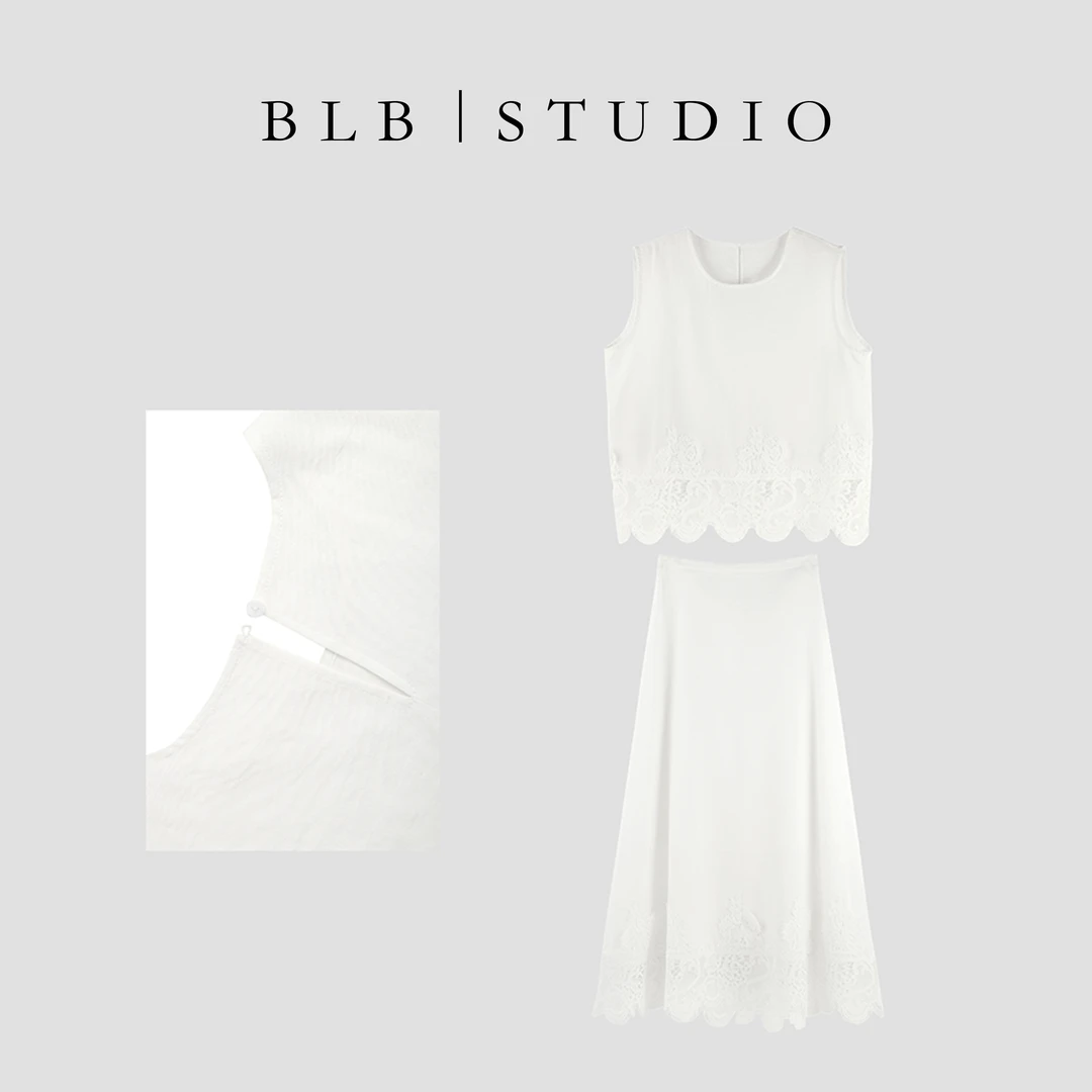 【BLB•板老板】清新优雅白色无袖圆领高腰套装简约优雅SHBZW651667
